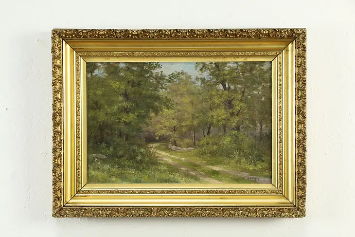 Sunlit Path in the Forest Antique Original Oil Painting, Protz 23 1/2" #34543