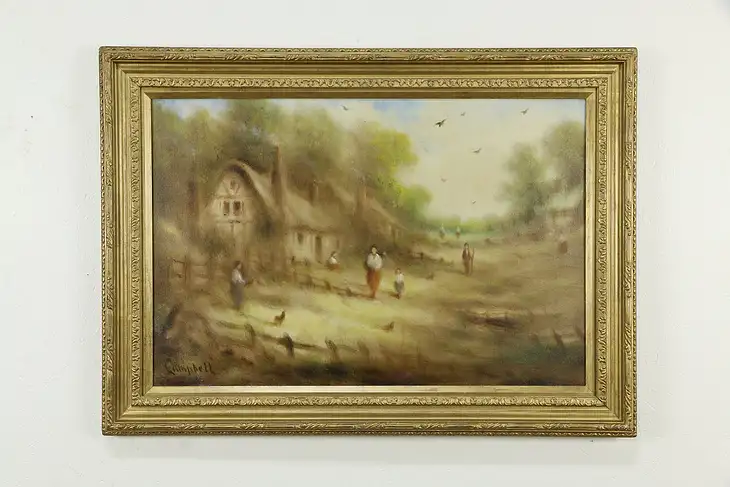 European Village Scene Vintage Original Oil Painting, Campbell 44" #34557