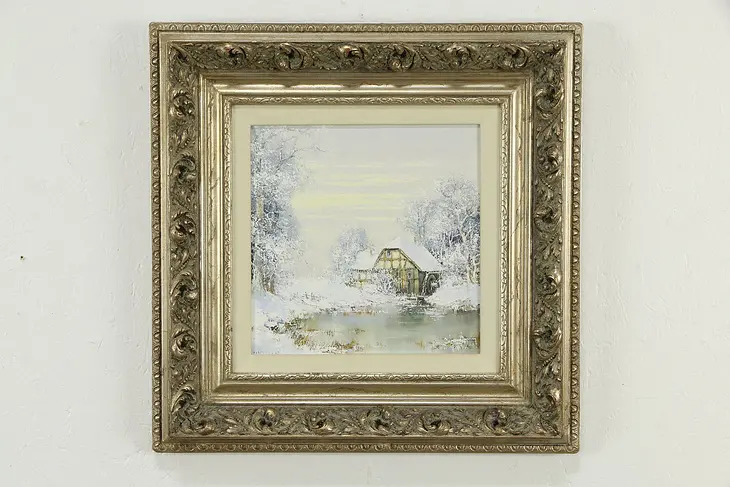 Old Mill & Water Wheel in Winter Vintage Original Oil Painting 21"  #34564