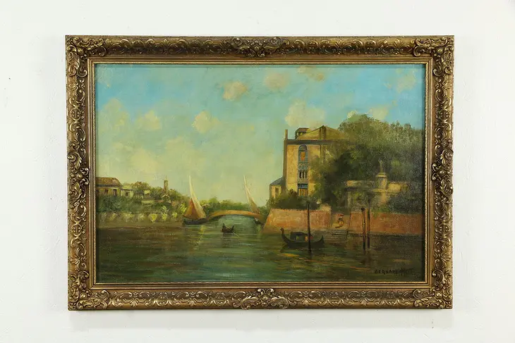 Venice Canal & Gondola Antique Original Oil Painting, Bernard Hal 42"  #34703