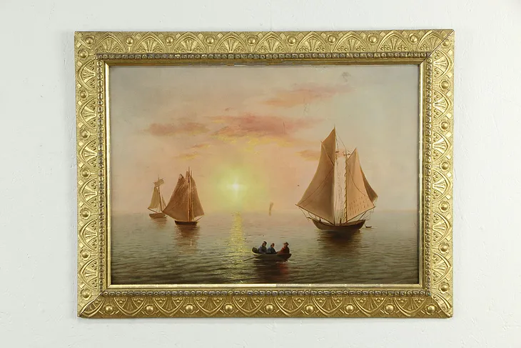 Sailboats at Sunset, Victorian Antique Oil Painting Gothic Frame #34769