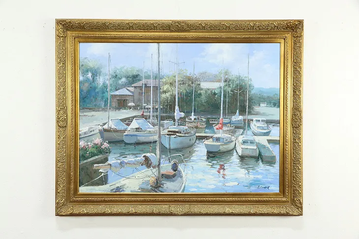 Summer Harbor & Sailboats Original Oil Painting on Canvas H. Cooper 58" #34776