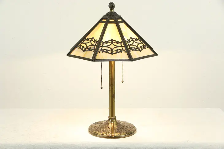 Stained Glass Octagonal Shade Antique Table Lamp, Bradley & Hubbard #34388