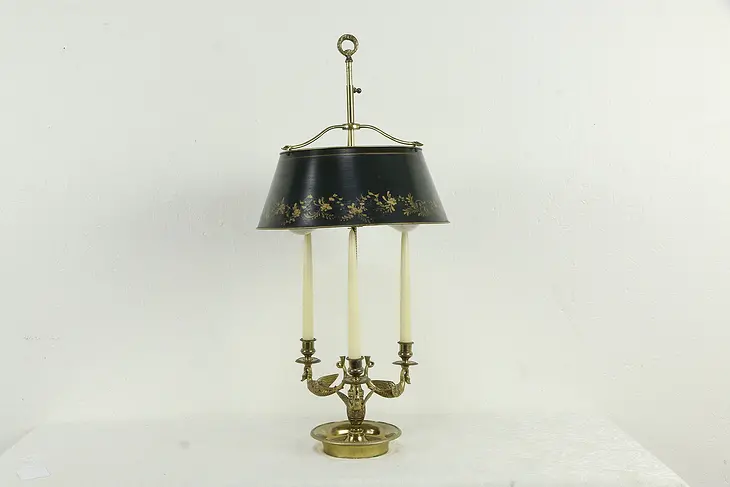 Brass Vintage Bouillotte Lamp with Swans, Toleware Shade & Candle Holders #34424