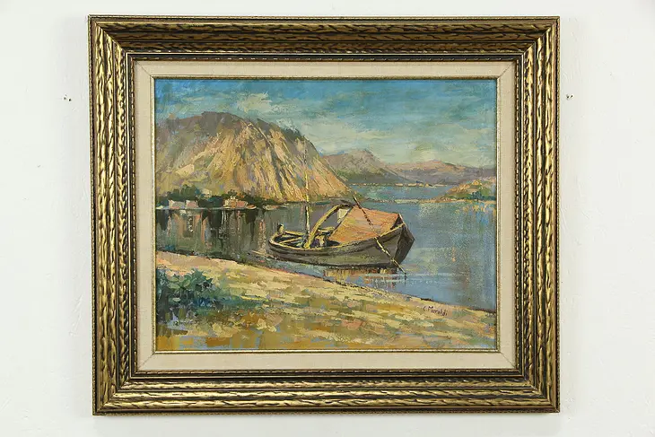 Fishing Boat & Mountains, Vintage Original Oil Painting, Moraldi 26" #34429