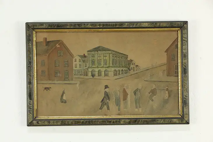 City Street Scene Naive Antique Original Watercolor Painting 22 1/2"  #34431