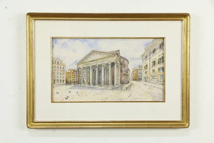 Pantheon in Rome Original Watercolor Painting, Gold Leaf, 2004 Signed 23" #34535