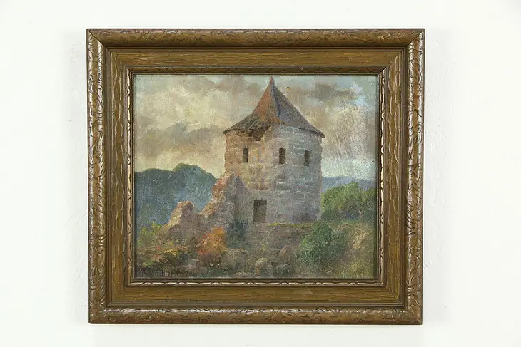 Stone Tower in Ruins, Original Antique Oil Painting Karl Kuchler 1922 16" #34541