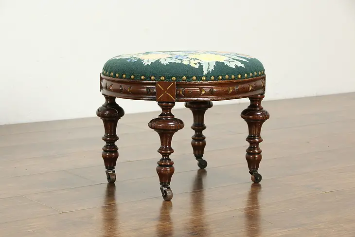 Victorian Antique Carved Walnut Footstool, Needlepoint Upholstery #34767