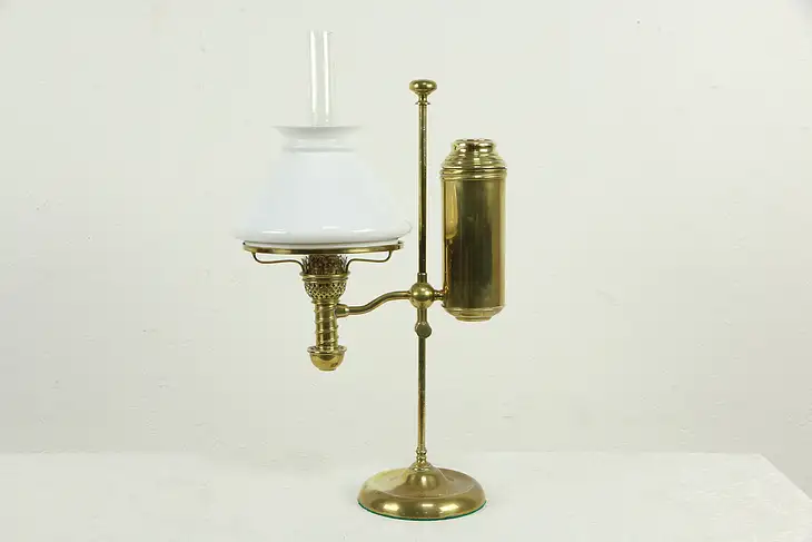 Victorian Brass Antique Student Desk Oil Kerosene Lamp, Milk Glass Shade