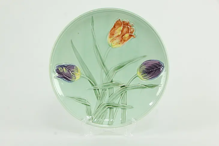 Majolica Antique 9 1/2" Plate, Hand Painted Tulips, Made in Germany #35279