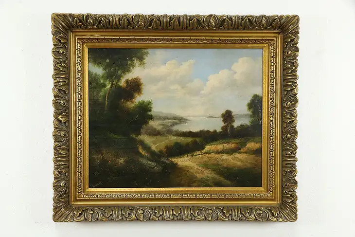 Forest Landscape & Shore Vintage Original Oil Painting, Richard 41" #34781