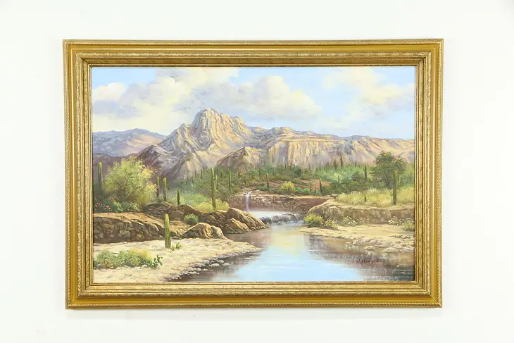 Southwest Landscape & Waterfall Vintage Original Oil Painting, Hodges 42" #34783