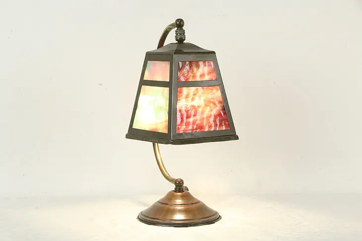 Arts & Crafts Mission Antique Brass Lamp, Stained Glass Craftsman Shade #34947