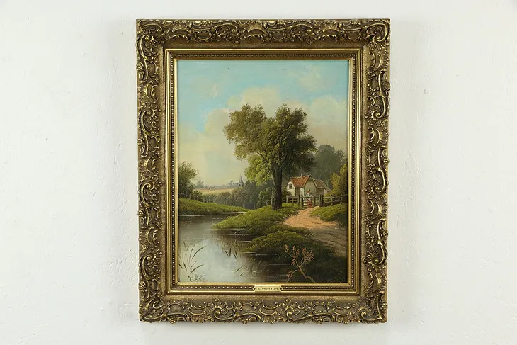 Victorian Cottage & Pond Original Antique Oil Painting, E Horton 23 1/2" #35048
