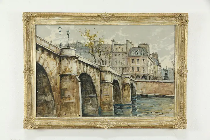 Paris Scene of Pont Neuf Vintage Original Oil Painting, Zamini? 41 1/2" #35063