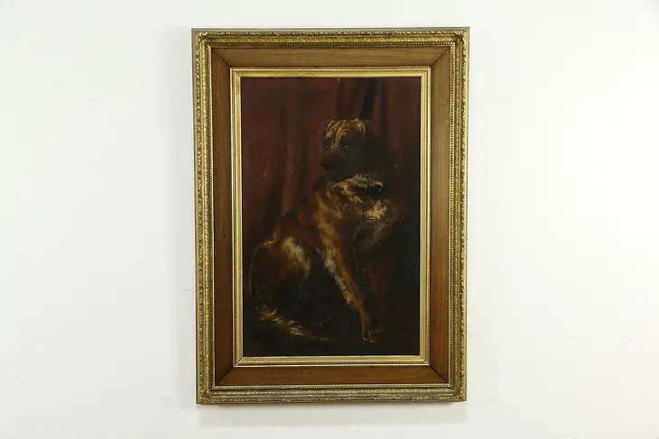 Victorian Antique Original Large Oil Painting Portrait of Mastiff Dog 56" #35189