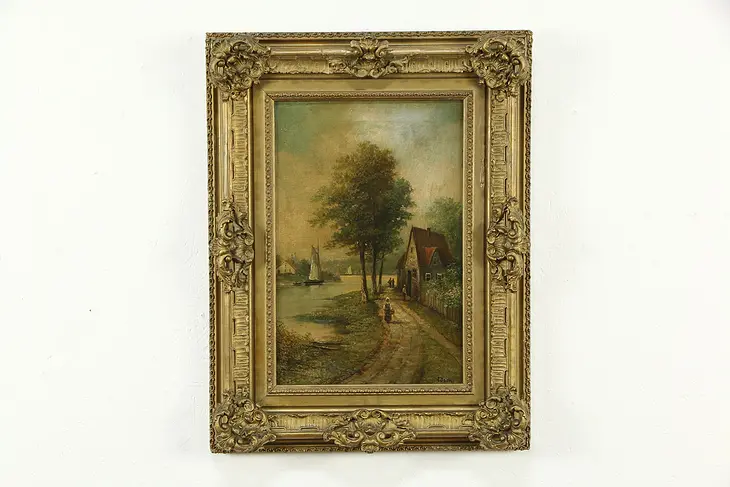 Riverbank Scene in France Antique Original Oil Painting Signed J Dorn 26" #33601