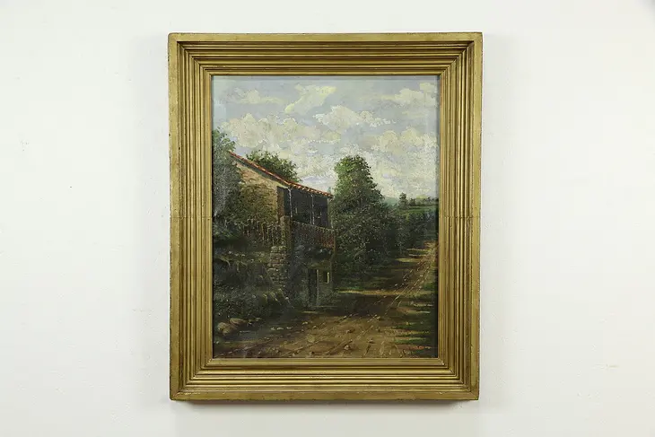 Old Stone House in St. Louis Original Antique Oil Painting, J Martin 45" #33603