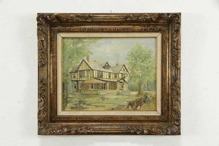 Tudor House with Horse & Carriage Original Oil Painting, Jack Wilson 27" #34534
