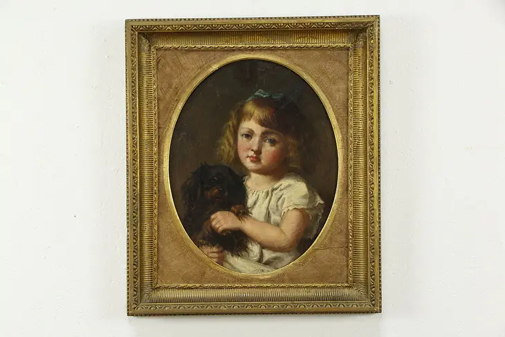 Victorian Antique English Original Oil Painting, Girl & Dog 28"  #34682