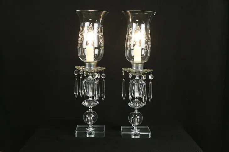 Pair of Vintage Glass Boudoir Lamps, Hurricane Shades, Crystal Prisms #34853