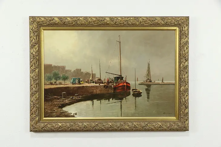 Boats at Port with Fortress Original Oil Painting Signed 2003 43"  #35046