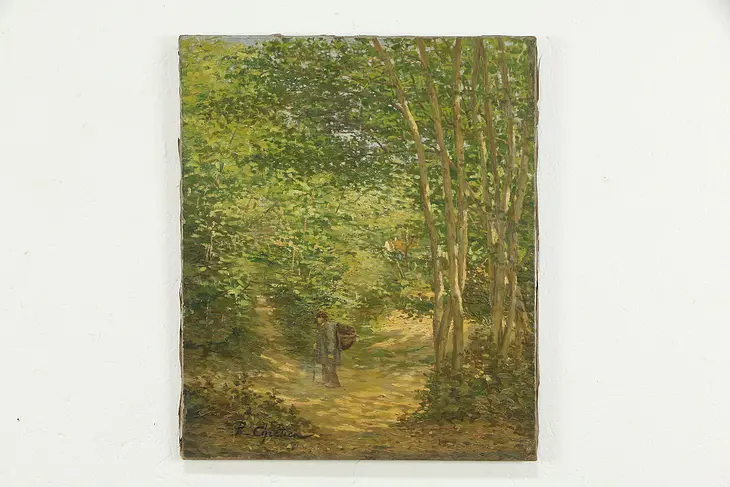 Forest with Hiker Original Antique French Oil Painting, P. Chretien 22"  #35064