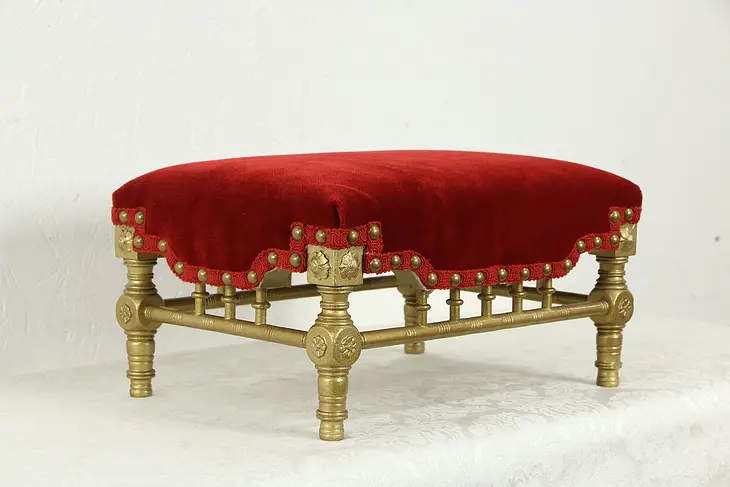 Victorian Antique Gold Footstool New Velvet Upholstery #35425