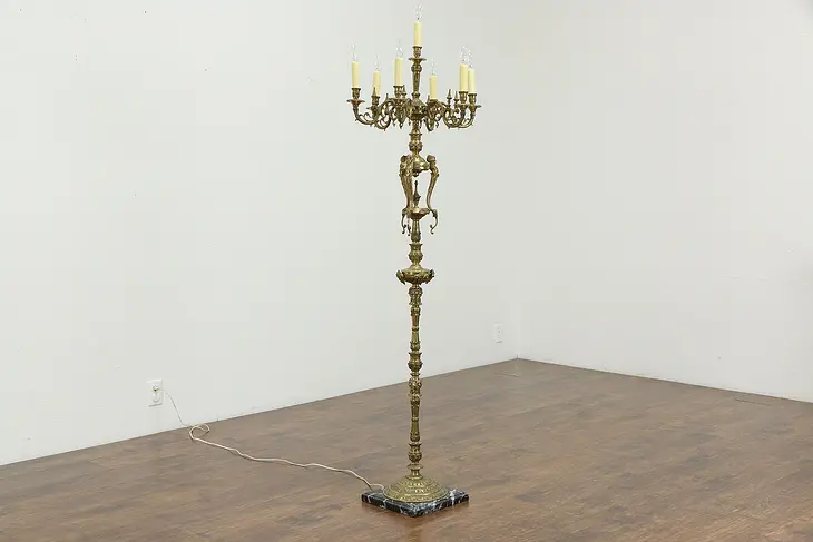 Marble Base Floor Lamp or Chandelier, 7 Candles, Brass Lion Heads #33858