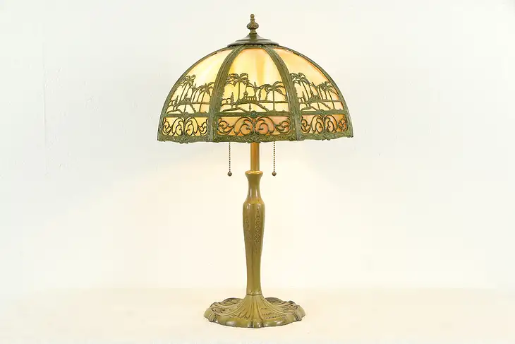 Stained Glass Curved Panel Shade Antique Lamp, Hawaiian Palm Trees #35092