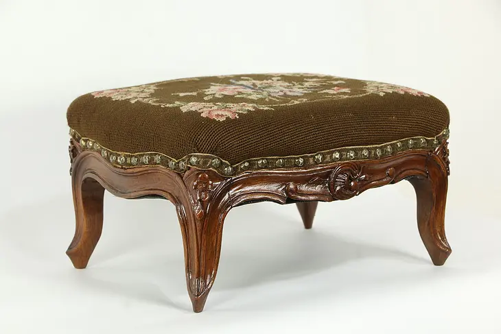 French Antique Carved Walnut Footstool, Needlepoint Upholstery #35313