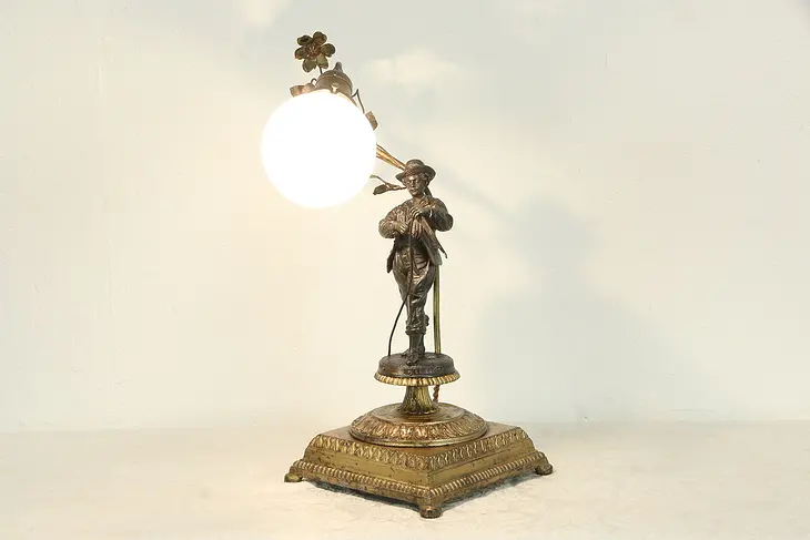 Victorian Antique Lamp Cut Glass Globe, Faucheur Reaper Sculpture Bruchon #35418