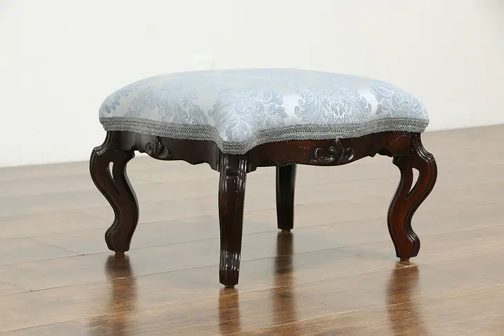 Victorian Antique 1870 Carved Walnut Footstool, New Upholstery #35470