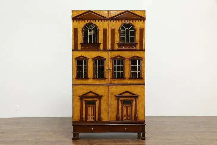 Leather Architectural Model House Curio Cabinet, Maitland Smith #35619