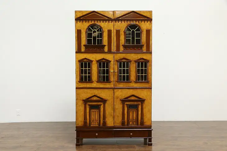 Leather Architectural Model House Curio Cabinet, Maitland Smith #35619