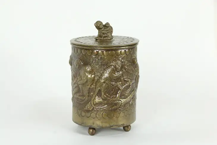 Monkey Design Antique Hand Hammered Brass Cigar Humidor Cannister #35680