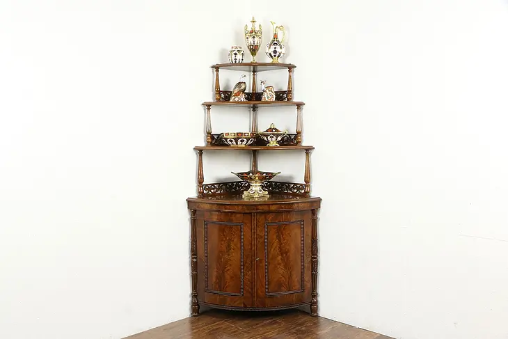 Victorian Antique Curved Walnut & Burl Corner Cabinet Etagere #35771