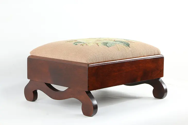 Farmhouse Fruitwood Vintage Footstool, Needlepoint Upholstery #35781