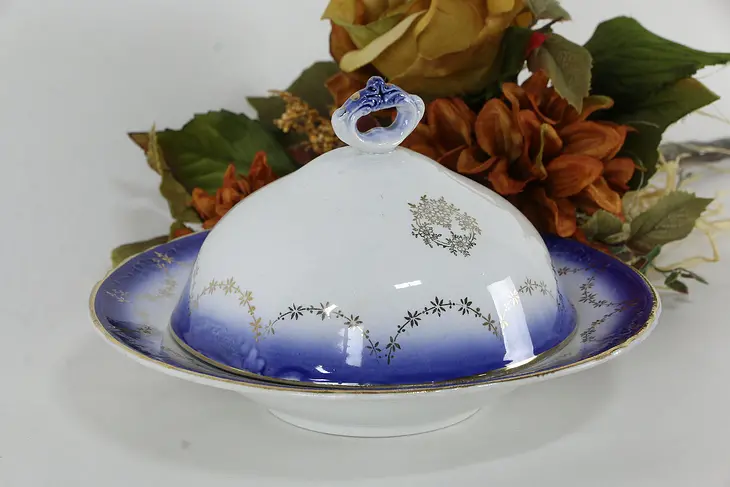 Flow Blue Antique Dome Cover Butter Dish, Signed #35895