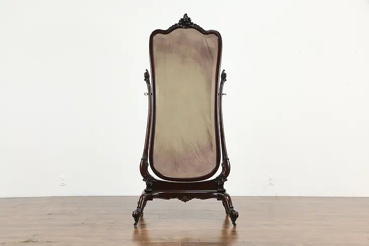 Rococo Design Antique Mahogany Cheval Dressing Mirror, Beveled #35923