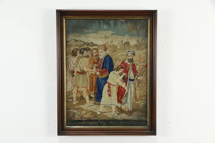 Joseph Sold into Slavery Antique Needlepoint Panel, Walnut Frame 29" #35166