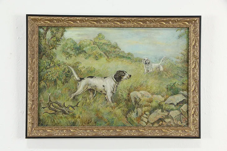 Hunting Dogs at Work Original Antique Oil Painting 25" #36072