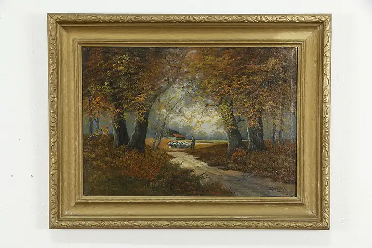 Forest in Fall & Shepherd Antique Original Oil Painting Sleeswijk 35 1/2" #36238