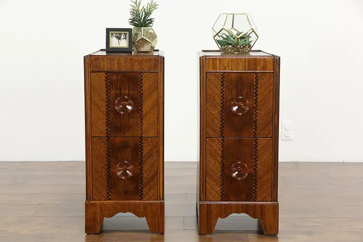 Pair of Art Deco Vintage Nightstands, Burl & Banding, Bakelite Pulls #36263