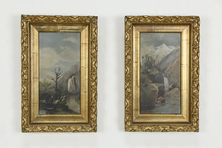 Pair of Mountain, Mill & Waterfall Antique Victorian Oil Paintings 17" #36307