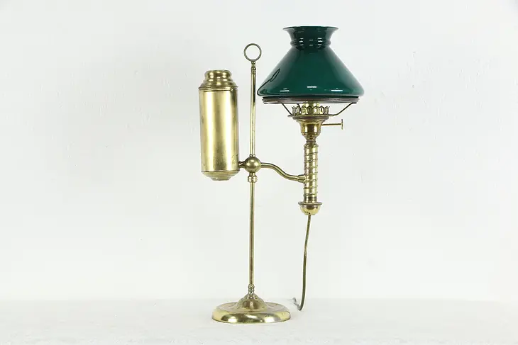 Brass Antique Adjustable Student Desk Lamp, Emerald Cased Glass Shade #35704