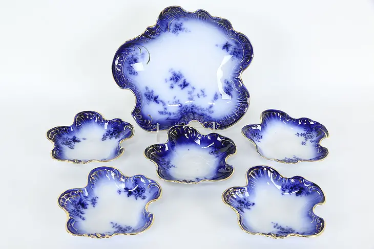 Flow Blue Victorian Antique China Set 5 Berry Bowls & Master, La Belle  #35891