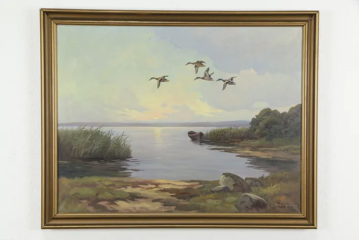 Lake at Sunset with Ducks Original Vintage Oil Painting, Signed 37 1/2" #36431