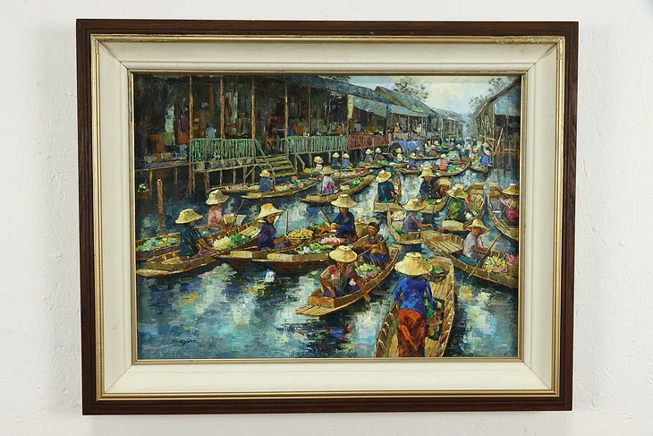 Floating Flower Market in Vietnam, Original Vintage Oil Painting 29" #35838